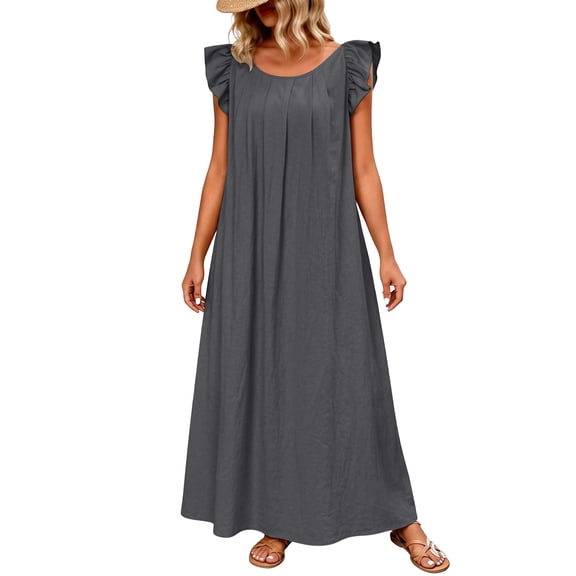 Ruimatai Women's Crew Neck Ruffle Cap Sleeve Front Pleat Loose Flowy Maxi Casual Dresses for Women Spring Summer Daily Vacation All-Day Breezy Soft Relaxed Style Wear