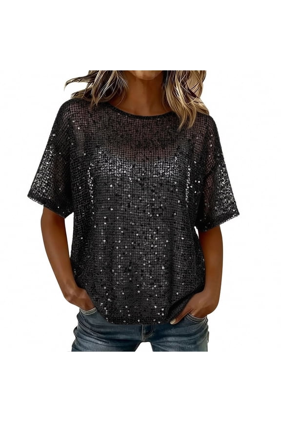 Women's Crew Neck Sequin Short Sleeve Loose Fit Party Tops for Women Daily Evening Wear
