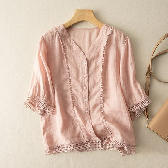 Ruimatai Women's Crochet Flower Blouse Half Sleeve Cotton Linen Top Casual Loose Fit Shirt Elegant Floral Summer Boho Chic Tunic