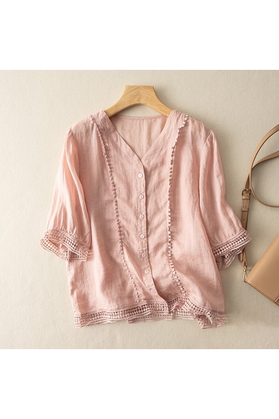 Women's Crochet Flower Blouse Half Sleeve Cotton Linen Top Casual Loose Fit Shirt Elegant Floral Summer Boho Chic Tunic