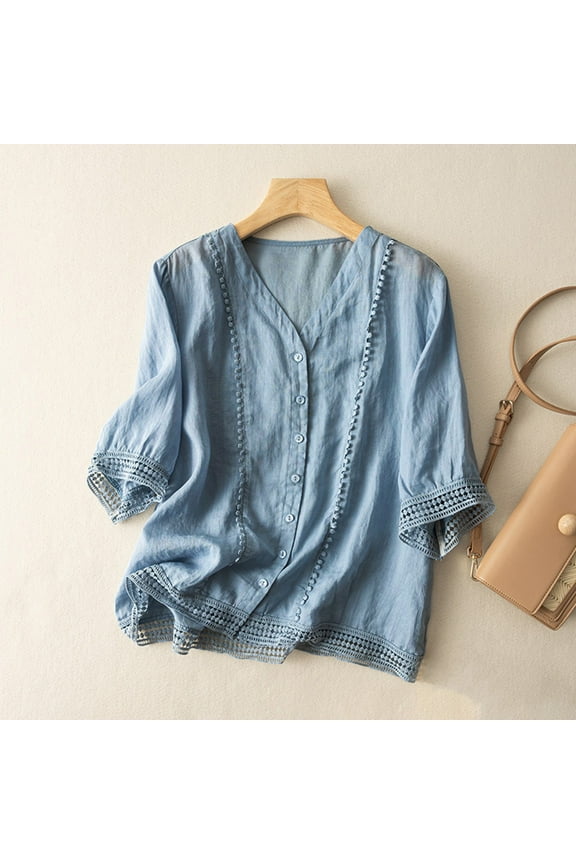 Women's Crochet Flower Blouse Half Sleeve Cotton Linen Top Casual Loose Fit Shirt Elegant Floral Summer Boho Chic Tunic