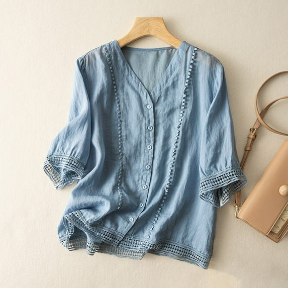 Ruimatai Women's Crochet Flower Blouse Half Sleeve Cotton Linen Top Casual Loose Fit Shirt Elegant Floral Summer Boho Chic Tunic