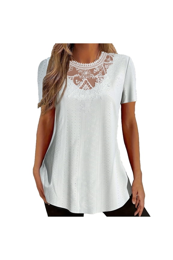 Women's Crochet Lace Knit Top Floral Embroidery Eyelet Blouse Feminine Breathable A-Line Casual Shirt