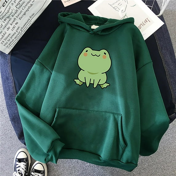 Ruimatai Women's Cute Frog Print Hoodie Long Sleeve Casual Pullover Sweatshirt Cozy Fleece Lined Tops for Women Fashion Loose Fit All Season