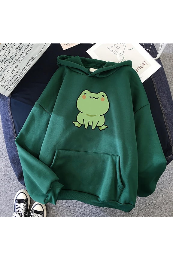Women's Cute Frog Print Hoodie Long Sleeve Casual Pullover Sweatshirt Cozy Fleece Lined Tops for Women Fashion Loose Fit All Season