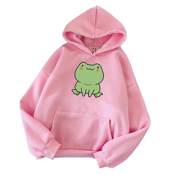 Ruimatai Women's Cute Frog Print Hoodie Long Sleeve Casual Pullover Sweatshirt Cozy Fleece Lined Tops for Women Fashion Loose Fit All Season