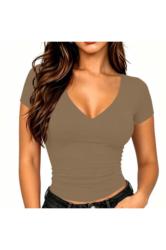 Women's Deep V-Neck Ruched Side Short Sleeve Fitted Casual T-Shirts for Women Summer Everyday & Night Out Wear