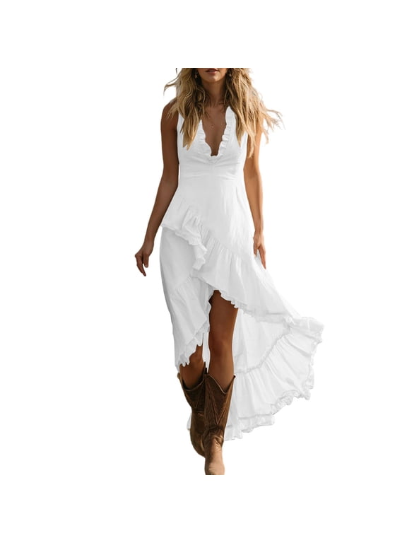 Women's Deep V Neck Sleeveless Ruffle Trim Asymmetrical High Low Flowy Maxi Dresses for Women Boho Western Vacation Elegant Stylish Daily Wear