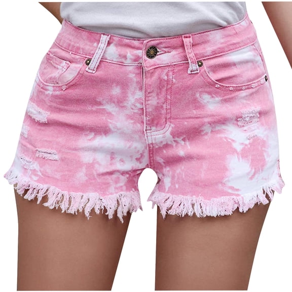 Ruimatai Women's Denim Shorts Summer Jean Shorts with Pockets Fashion Print Button Zipper High Waist Comfort Stretch Casual