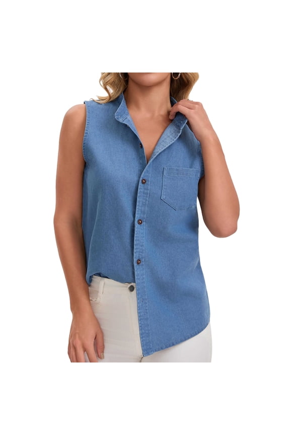 Women's Denim Vest Sleeveless Button Down Collar Pocket Tank Top Casual Flared Shirt for Spring Summer