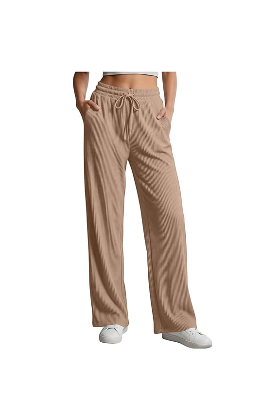 Women's Drawstring Elastic Waist Ribbed Pants Casual Loose High Waist Straight Leg Loungewear Trousers with Pockets