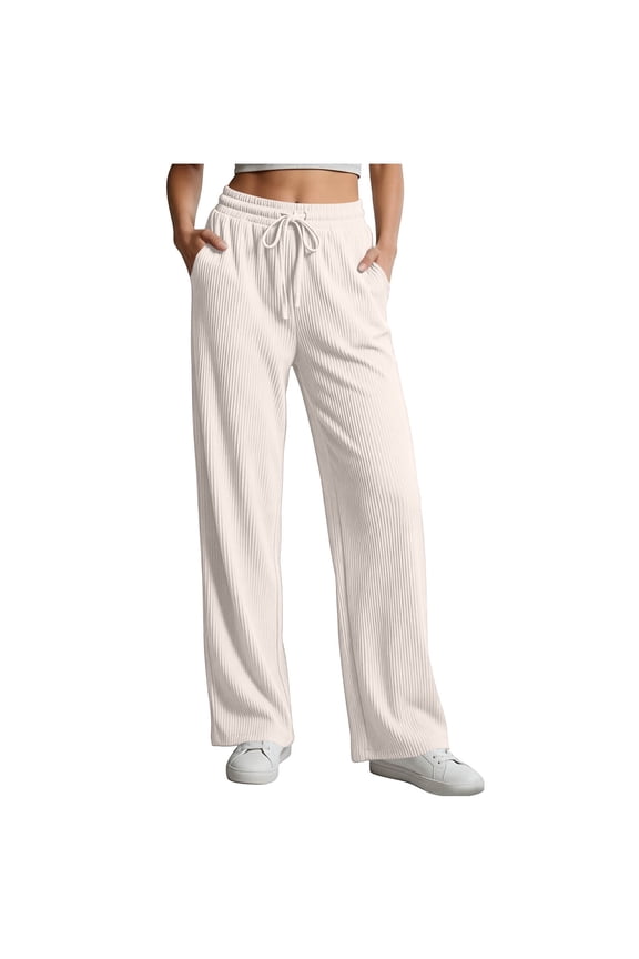 Women's Drawstring Elastic Waist Ribbed Pants Casual Loose High Waist Straight Leg Loungewear Trousers with Pockets
