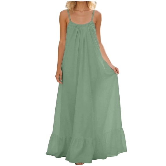 Ruimatai Women's Dress Backless Maxi Dress with Ruffled Hem Adjustable Spaghetti Strap Flowy Summer Casual Polyester V-Neck Sundress