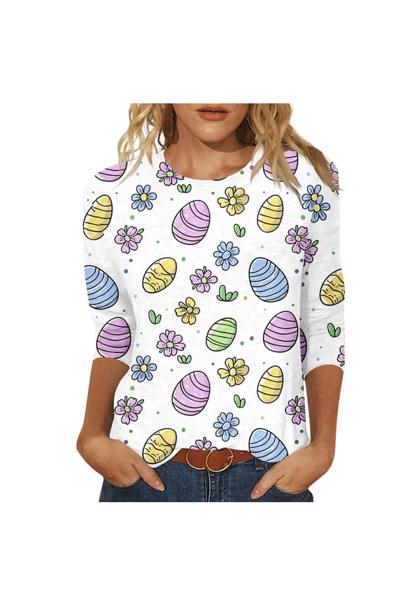 Women's Easter Print Blouse 3/4 Sleeve Round Neck Casual Top, Soft Pullover T-Shirt for Comfortable Daily Wear