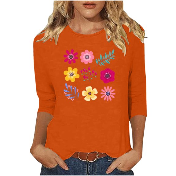 Ruimatai Women's Easter Printed 3/4 Sleeve T-Shirt Round Neck Loose Fit Casual Comfortable Soft Lightweight Blouse Top for Daily Wear