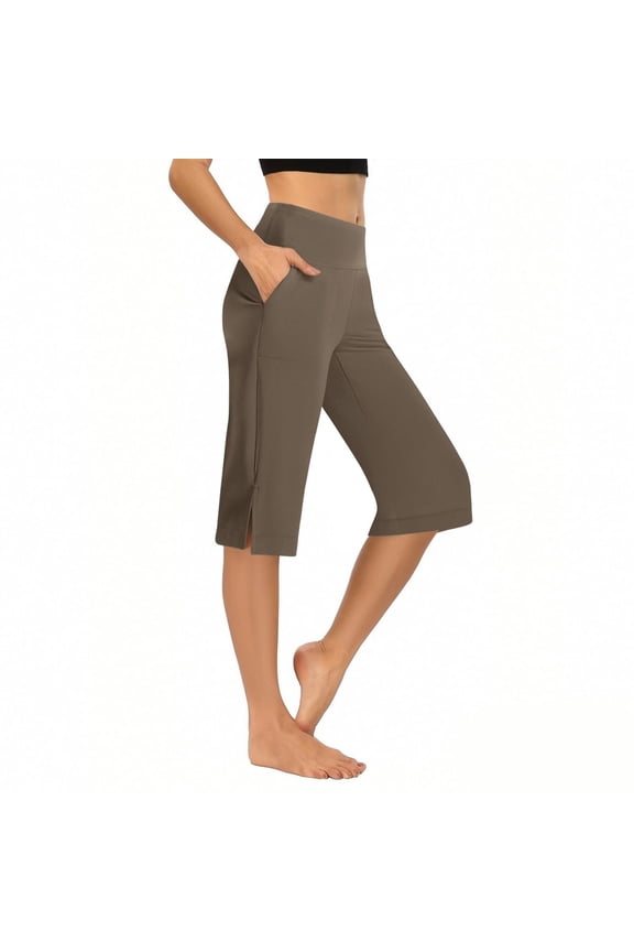 Women's Elastic Split Hem Yoga Pants High Waist Tummy Control Workout Capris for Fitness Running Lounge Casual Comfort
