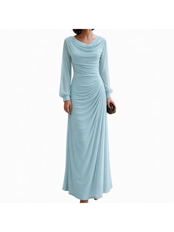Women's Elegant Solid Formal Maxi Dress, Long Sleeve Draped Cowl Neck Ruched Flowy Evening Gown