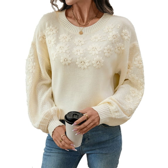 Ruimatai Women's Embroidered Daisy Sweater Long Sleeve Pullover Soft Polyester Knit Top Loose Fit Casual Fall Winter Fashion Blouse