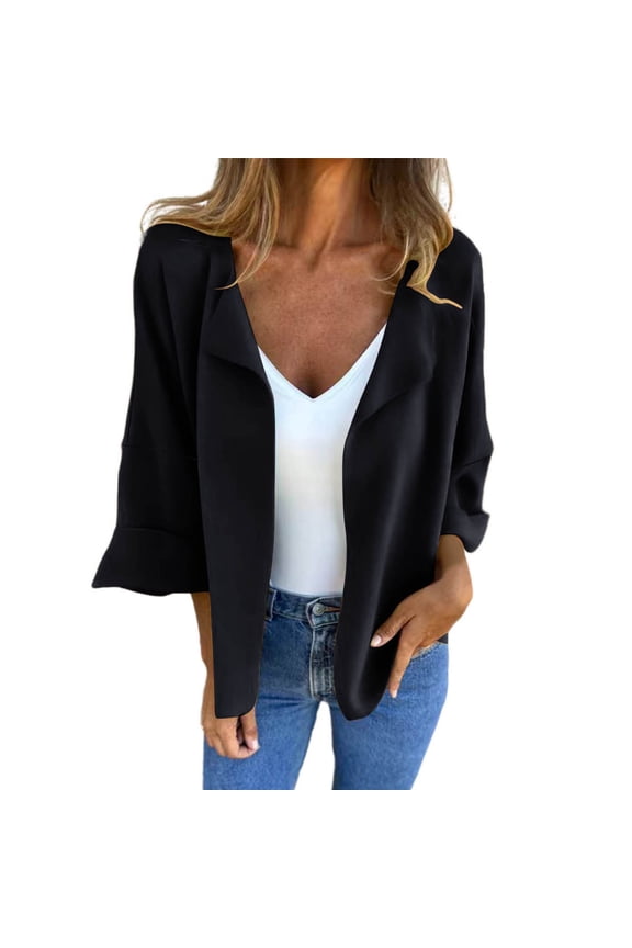 Women's Fall Casual Jacket 3/4 Sleeve Solid Color Open Front Outwear Lightweight Comfortable Stretchy Polyester Tops
