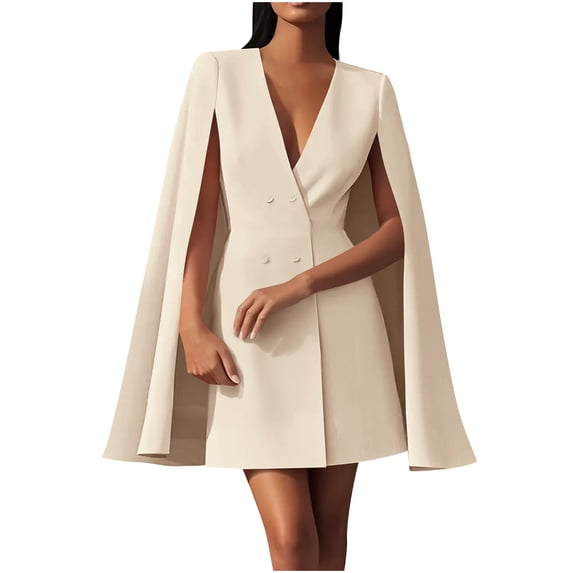 Ruimatai Women's Fall Double Breasted Cape Dress Shawl Collar Office Commuting Soft Comfortable Polyester Elegant Work Attire Casual Long Sleeve Round Neck