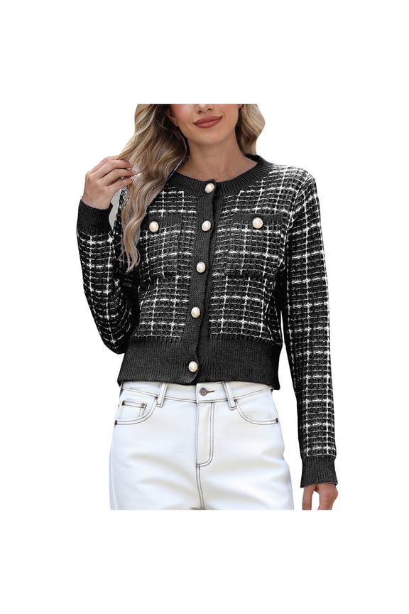 Women's Fall Knit Cardigan Sweater with Pearl Buttons, Checkered Print Pocket Long Sleeve Open Front Top, Polyester