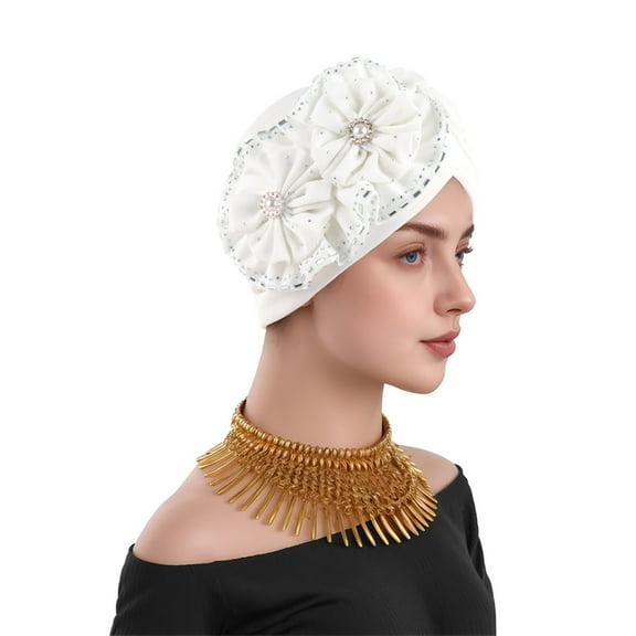 Ruimatai Women's Fashion Air Layer Side Panel Flower Hat Scarf Rhinestone Buckle Adjustable Soft Shiny Elegant for Party Travel Gift