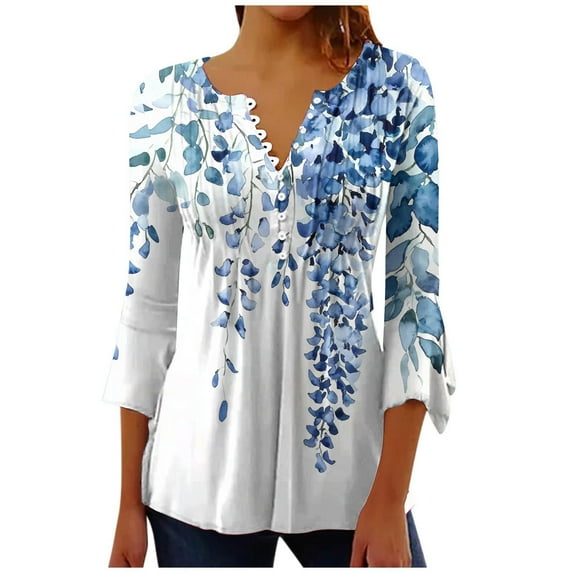 Ruimatai Women's Fashion Printed T-Shirt 3/4 Sleeves V-Neck Blouse Casual Tops Soft Comfortable Stylish Trendy Tunic Shirt