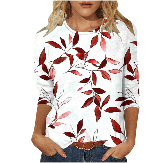 Ruimatai Women's Fashion Printing T-Shirt Large Size Round Neck 3/4 Sleeve Soft Comfortable Casual Blouse Top