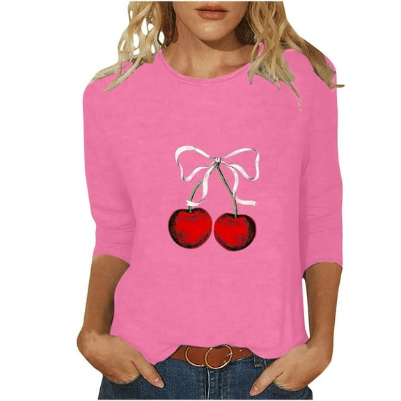 Ruimatai Women's Fashion T-Shirt 3/4 Sleeve Blouse Round Neck Casual Comfortable Stylish Printed Top Trendy Loose Fit Soft Breathable