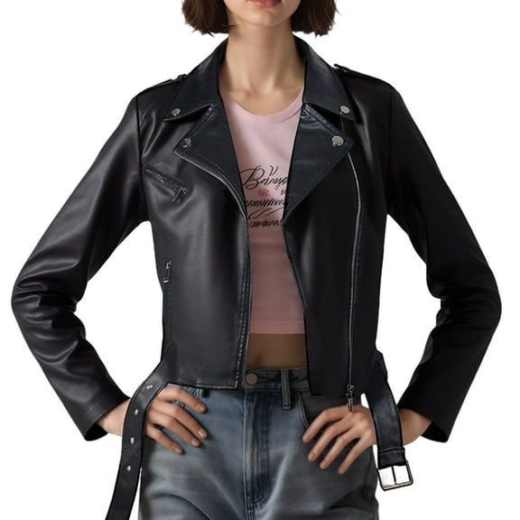 Ruimatai Women's Faux Leather Jacket Short Cropped Biker Motorcycle Style with Notched Lapel Asymmetrical Zipper Zippered Pockets Black Polyester Outerwear