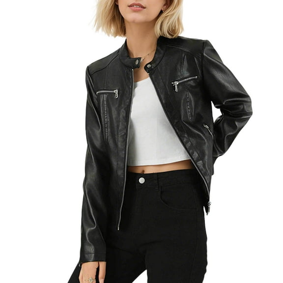 Ruimatai Women's Faux Leather Jacket Short Cropped Biker Style Notched Lapel Asymmetrical Zippered Pockets Black Polyester Casual Long Sleeve Top
