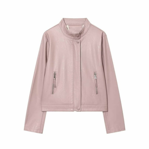 Ruimatai Women's Faux Leather Jacket Short Cropped Stand Collar Asymmetric Zipper Stylish Vegan Leather Casual Long Sleeve Blush Coat