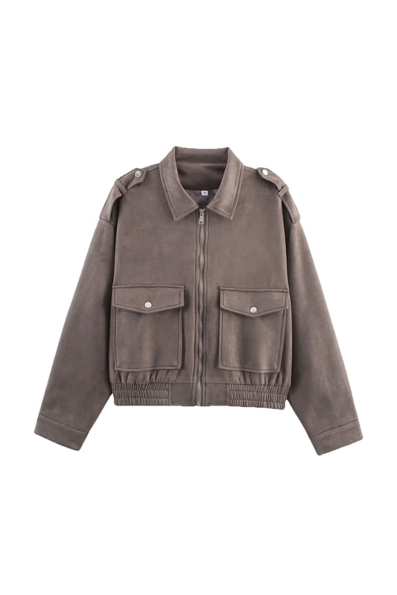 Women's Faux Leather Jacket with Zipper Pockets, Waist Belt, Epaulets, Olive Green Casual Long Sleeve Coat