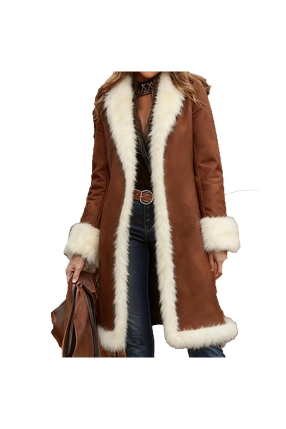 Women's Faux Shearling Coat Long Warm Winter Jacket with Fleece Lining, Brown Mid-Length Outerwear for Casual Style and Comfort