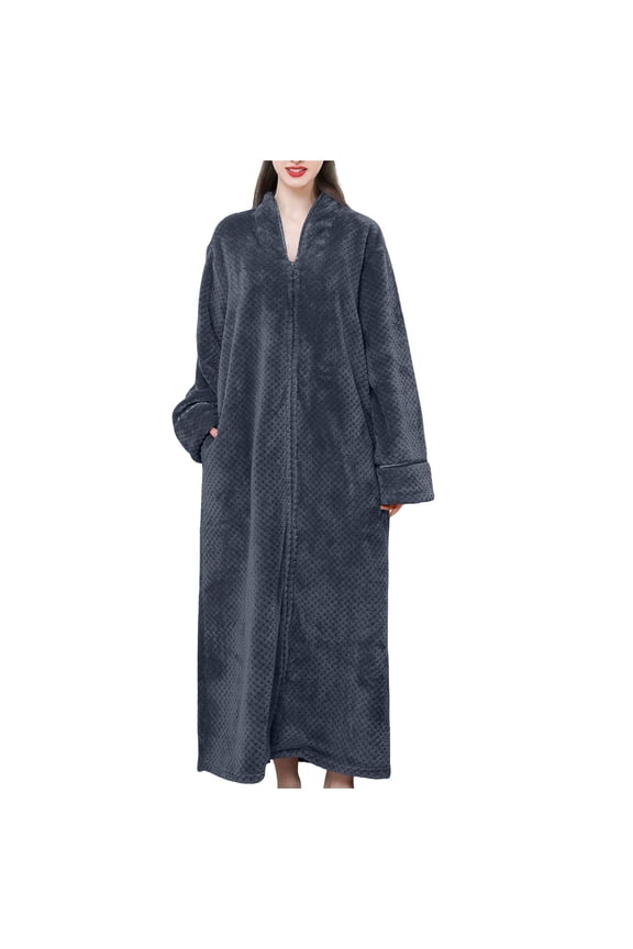 Women's Flannel Nightgown Long Sleeve Zipper Robe Soft Warm Sleepwear for Fall Winter Home Lounge