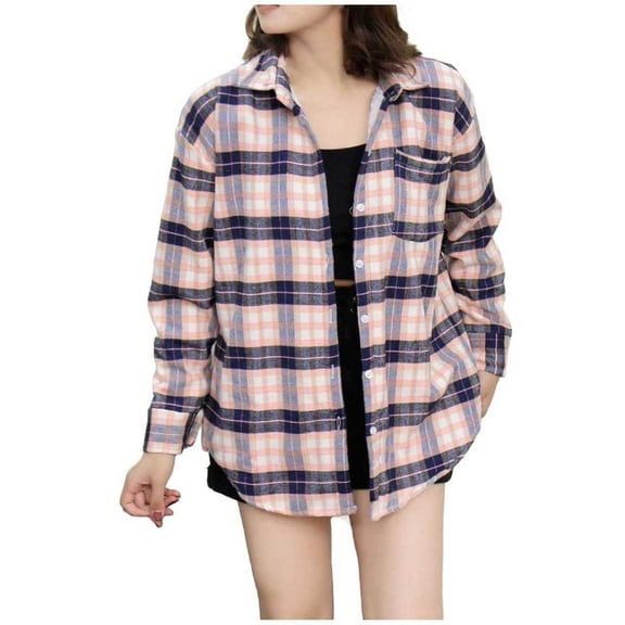 Ruimatai Women's Flannel Shirt Long Sleeve Plaid Pocket Blouse Soft Fleece Lined Button Down Top Casual Comfortable Polyester