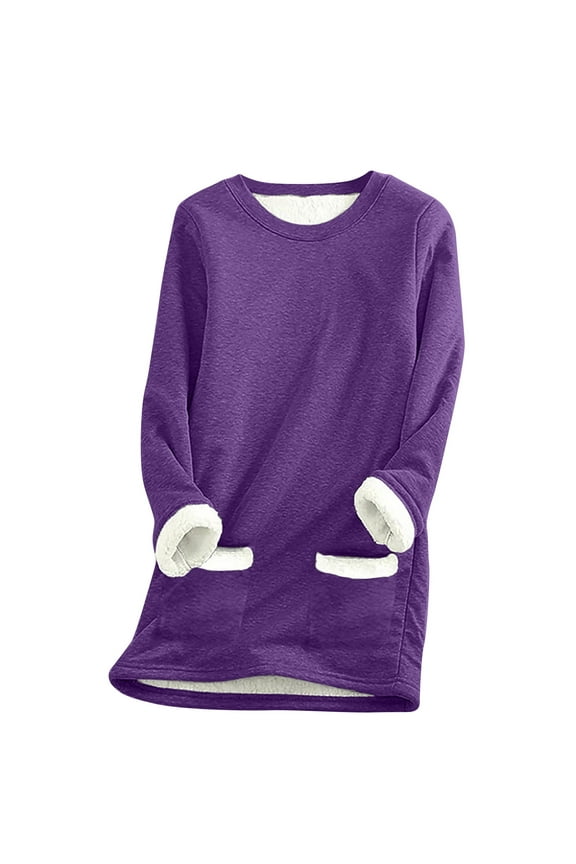 Women's Fleece Long Sleeve Tops Soft Warm Round Neck Blouse Casual Loose Fit Plus Size S-3XL Pocket Winter Shirt