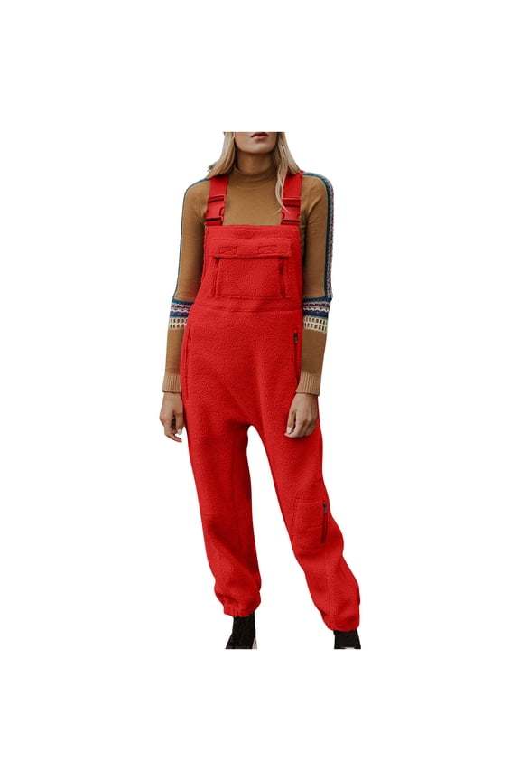 Women's Fleece Overalls Winter Warm Jumpsuit With Pockets Adjustable Straps Casual Long Sleeve Romper Solid Color Plus Size