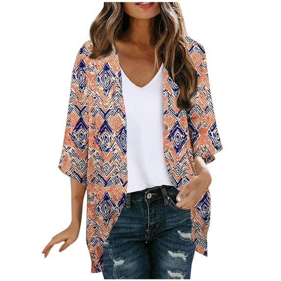 Ruimatai Women's Floral Cardigan 3/4 Sleeve Lightweight Cover Up Blouse Casual Loose Fit Summer Spring Polyester Top Comfortable Breathable Soft