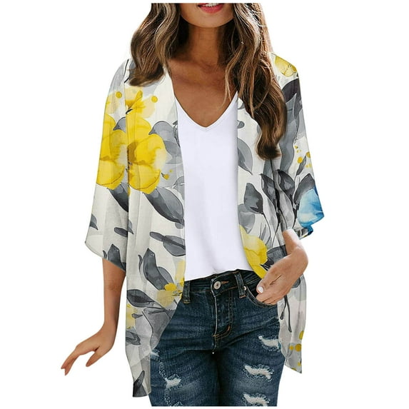 Ruimatai Women's Floral Cardigan 3/4 Sleeve Lightweight Cover Up Blouse Casual Loose Fit Summer Spring Polyester Top Comfortable Breathable Soft