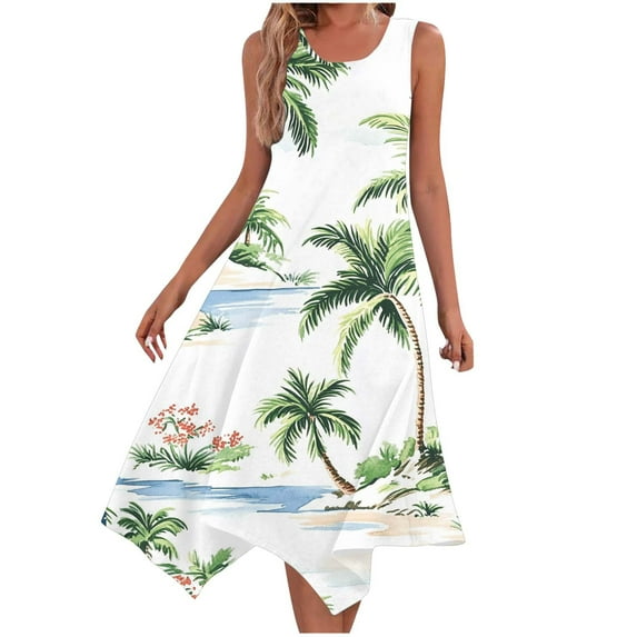 Ruimatai Women's Floral Coconut Print Sleeveless Beach Dress with Pockets Round Neck Casual Summer Tank Dress Lightweight Comfortable