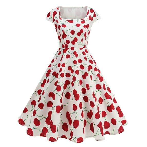 Ruimatai Women's Floral Dress Short Sleeve Casual Summer Dress Cherry Print Stylish Elegant Bowknot Camisole Lightweight Polyester Party Wedding Vacation