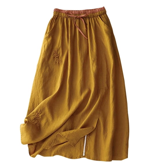 Ruimatai Women's Floral Linen Midi Skirt Summer Loose Elastic Waist Embroidery Casual Comfortable Breathable Cotton Blend Skirt