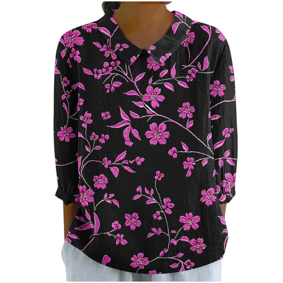 Ruimatai Women's Floral Print Blouse 3/4 Sleeve Round Neck Casual Top Polyester Comfortable Pullover Tunic Shirt for Home Daily Wear