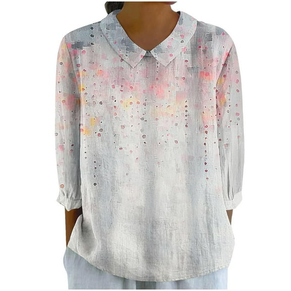 Ruimatai Women's Floral Print Blouse 3/4 Sleeve Round Neck Casual Top Polyester Comfortable Pullover Tunic Shirt for Home Daily Wear