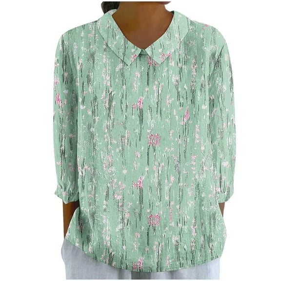 Ruimatai Women's Floral Print Blouse 3/4 Sleeve Round Neck Casual Top Polyester Comfortable Pullover Tunic Shirt for Home Daily Wear