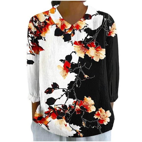 Ruimatai Women's Floral Print Blouse 3/4 Sleeve Round Neck Casual Top Polyester Comfortable Pullover Tunic Shirt for Home Daily Wear