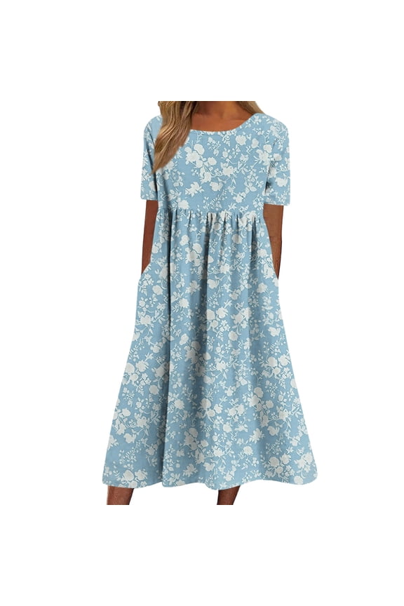 Women's Floral Print Midi Dress Short Sleeve Crew Neck Pockets Loose Fit for Summer Casual Wear