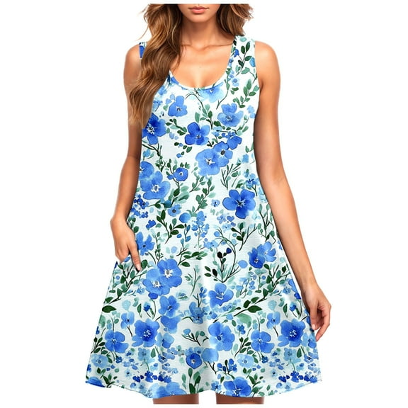 Ruimatai Women's Floral Print Sleeveless Dress Casual Crewneck Summer Dress Lightweight Comfortable Plus Size Beach Vacation Dress