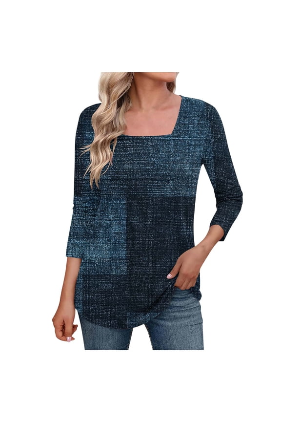 Women's Floral Print Square Neck Blouse Casual Three-Quarter Sleeve Top Comfortable Stretch Fabric Stylish T-Shirt for Ladies